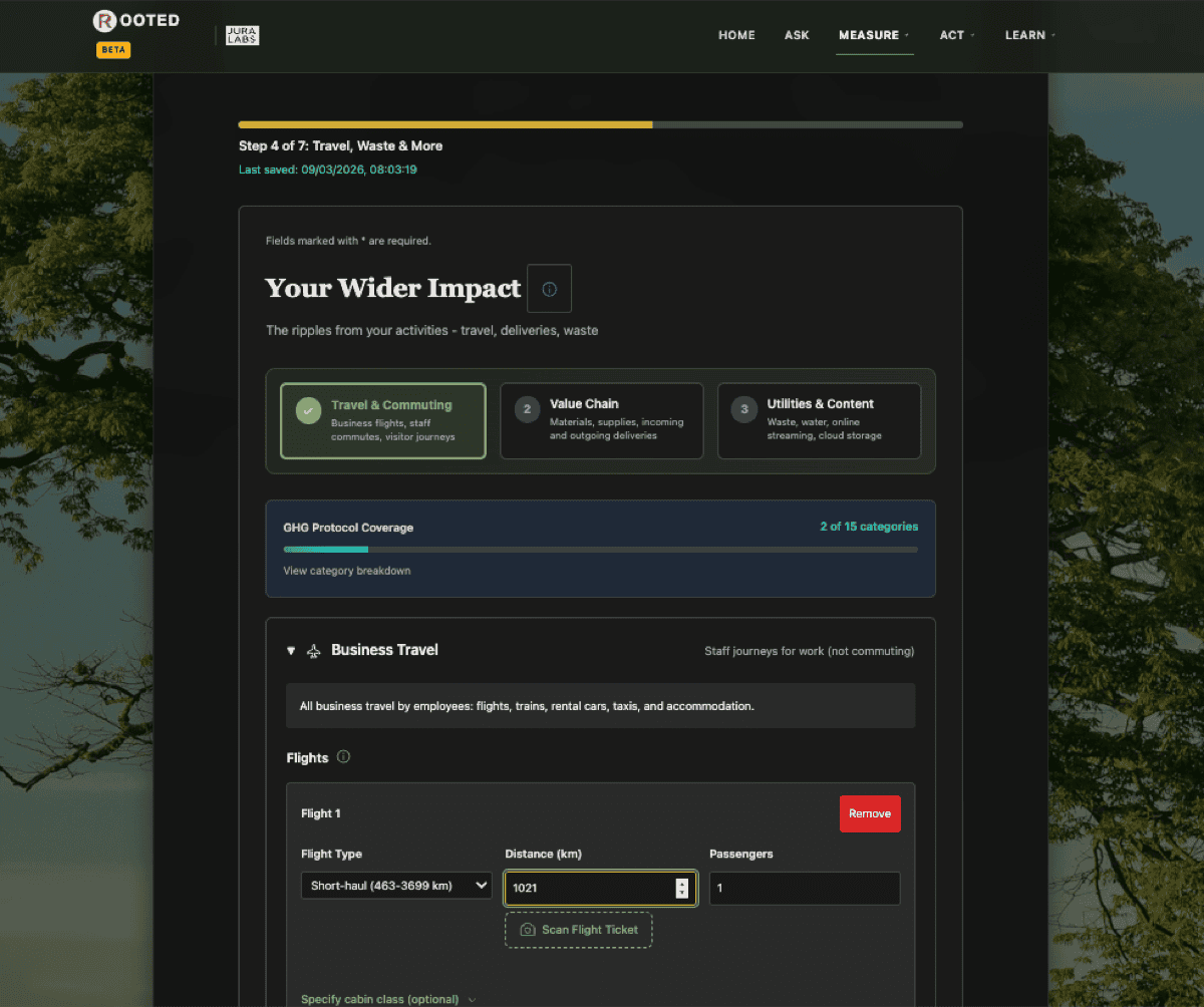 ROOTED emissions calculator showing Scope 3 business travel data entry