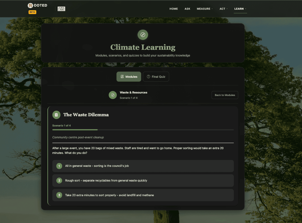 ROOTED Climate Learning showing interactive waste scenario quiz with multiple-choice answers
