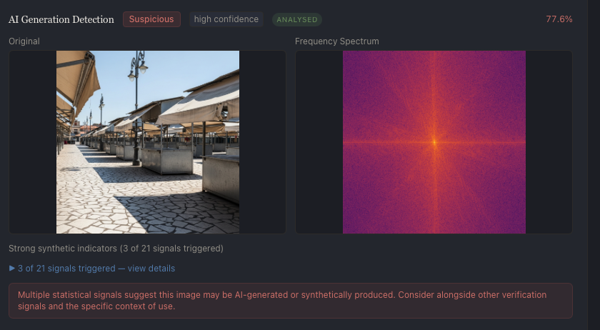 Jura Trace AI-generated content detection showing side-by-side image comparison with synthetic pattern analysis