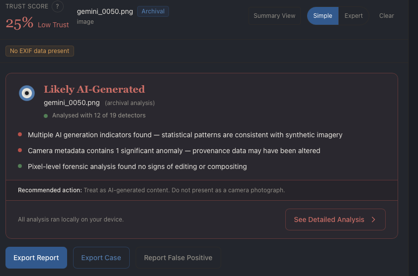 Jura Trace verdict panel showing Likely AI-Generated result with forensic analysis scores